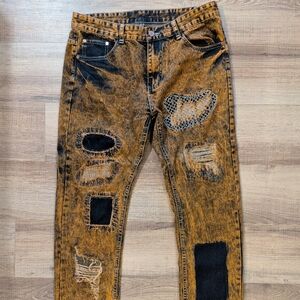 Men’s Distressed Patchwork Jeans Size 36 Orange Black Acid Wash Streetwear Denim